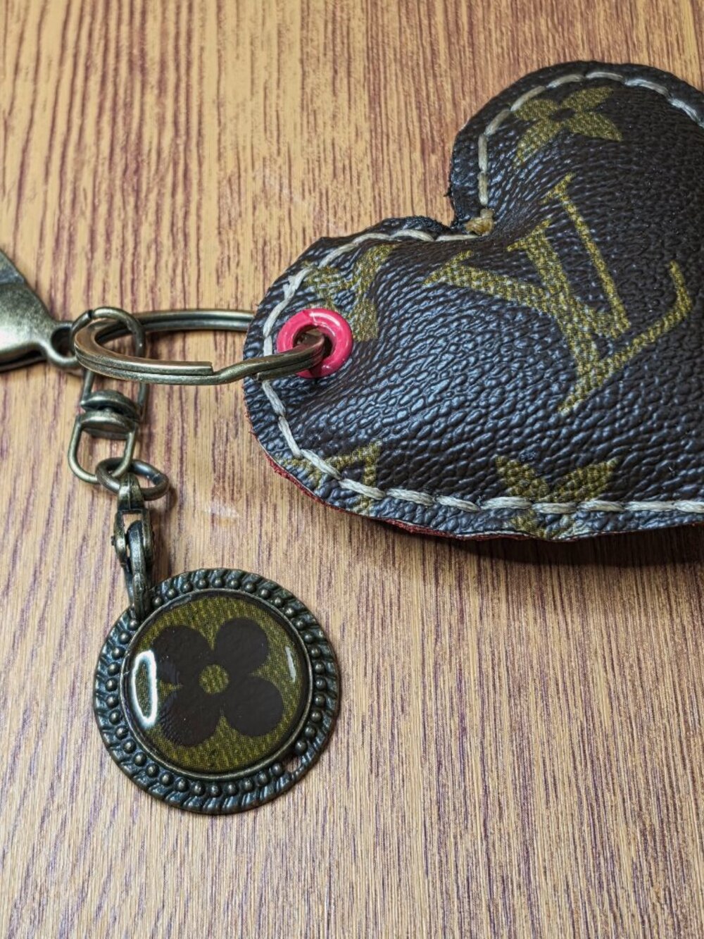 Authentic Upcycle LV Monogram and Geniune Leather Heart Bag Charm & Floral Motif